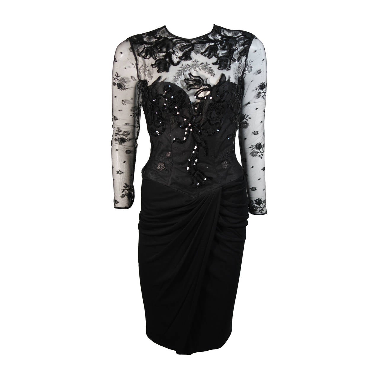 Vicky Tiel - Robe de cocktail en dentelle noire avec jupe en jersey drapée, taille S