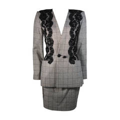 Vicky Tiel Black and White Houndstooth Print Skirt Suit With Lace Size 40