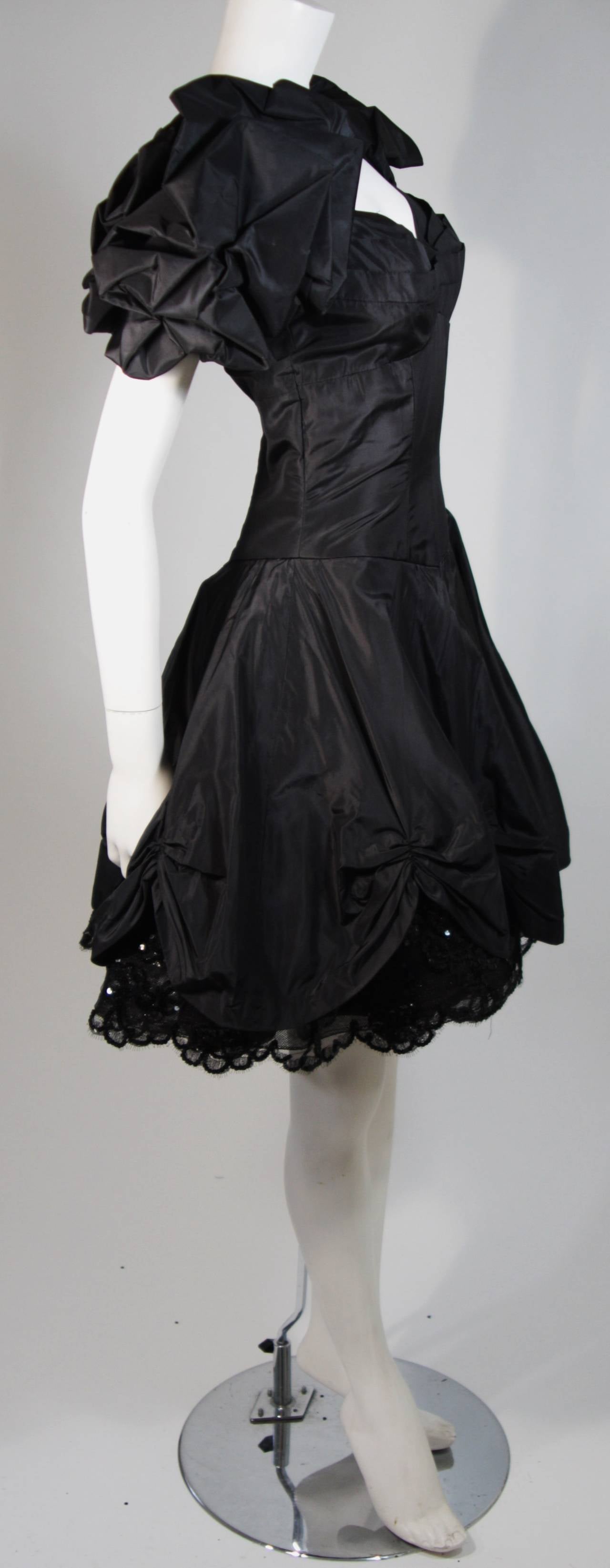 Women's Vicky Tiel Black Silk Cocktail Dress with Draped Skirt and Sequin Lace Small