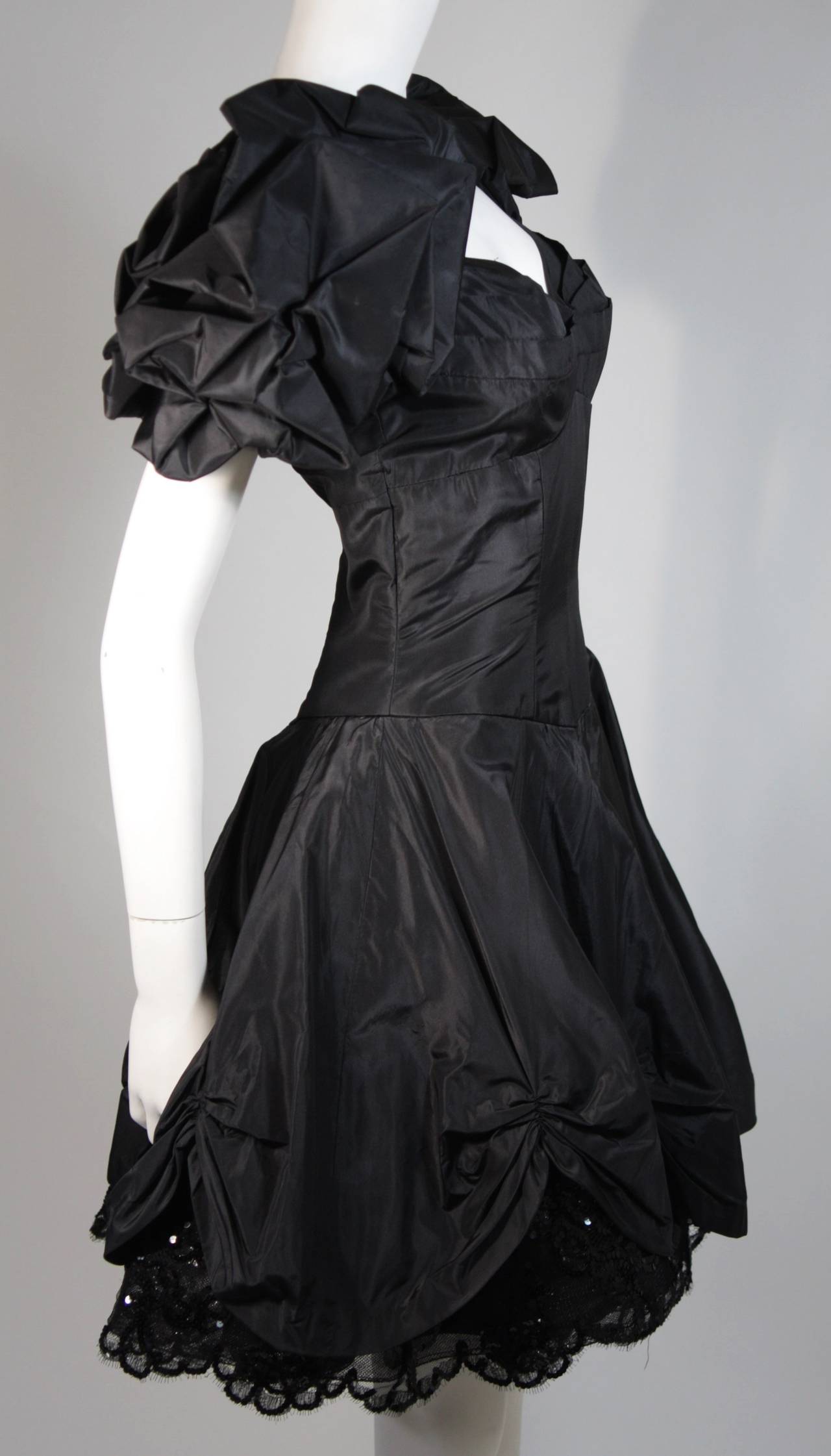 Vicky Tiel Black Silk Cocktail Dress with Draped Skirt and Sequin Lace ...