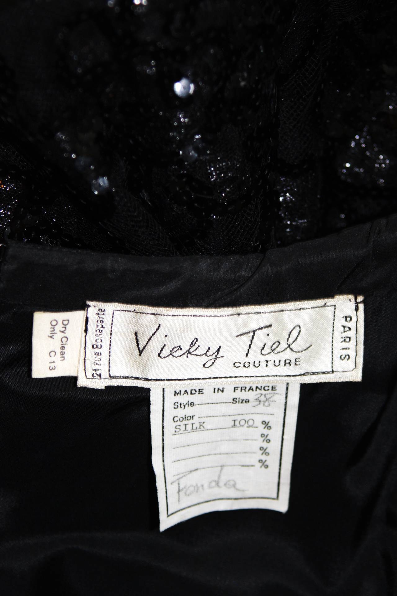 Vicky Tiel Black Silk Cocktail Dress with Draped Skirt and Sequin Lace Small 6