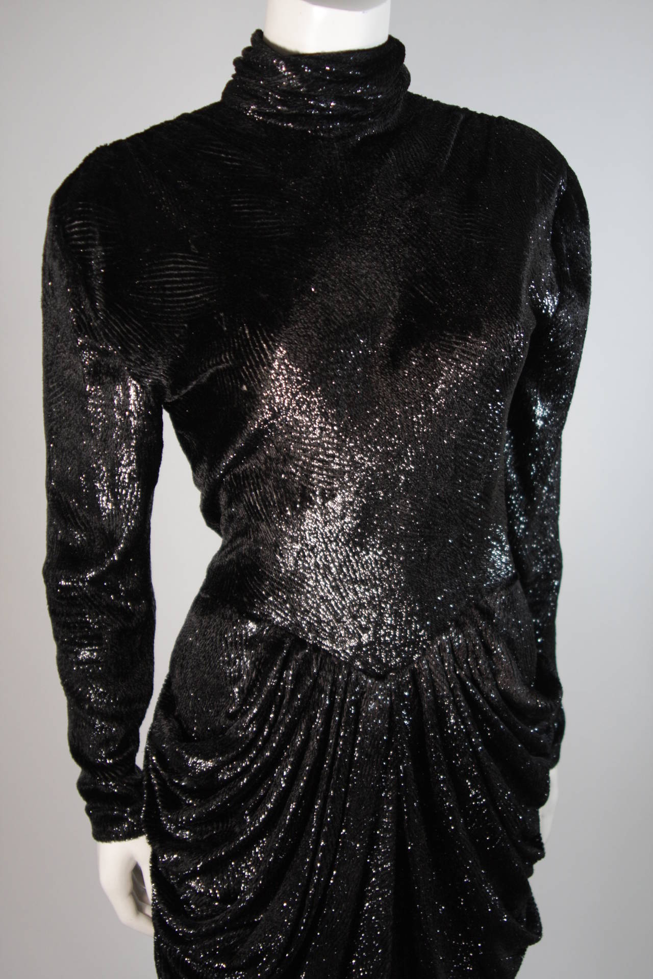 Vicky Tiel Black Metallic Panne Velvet Cocktail Dress with Drape Skirt Small 1