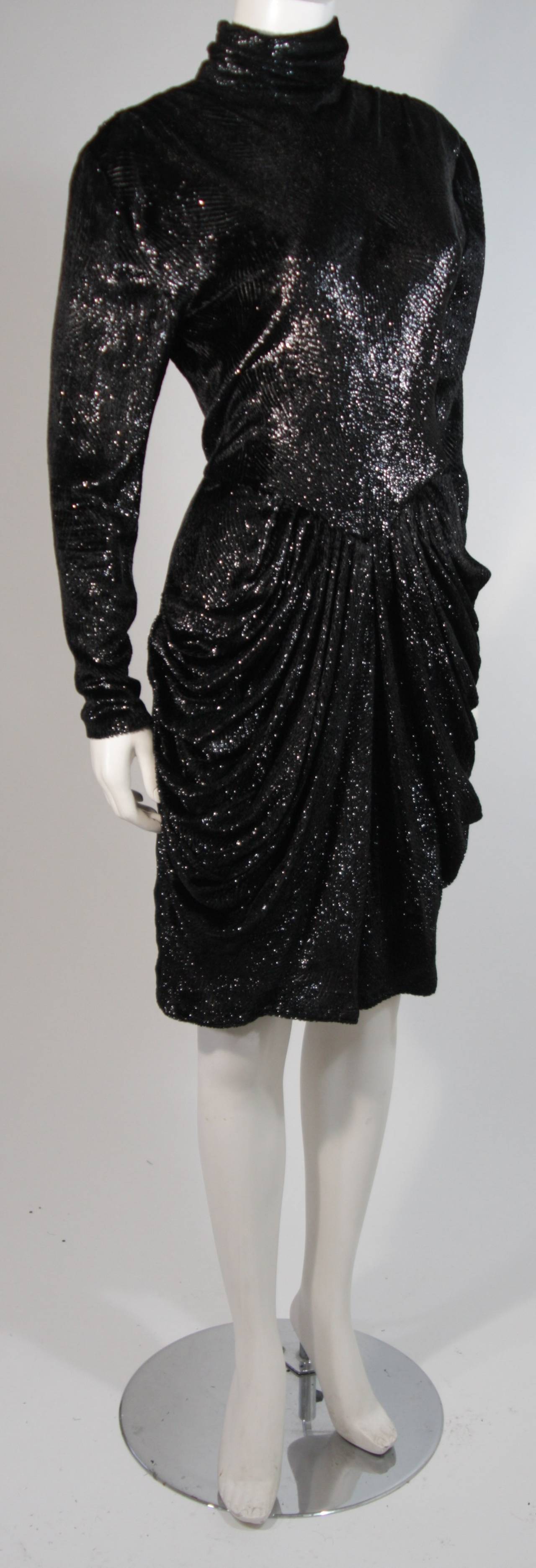 Vicky Tiel Black Metallic Panne Velvet Cocktail Dress with Drape Skirt Small In Excellent Condition In Los Angeles, CA