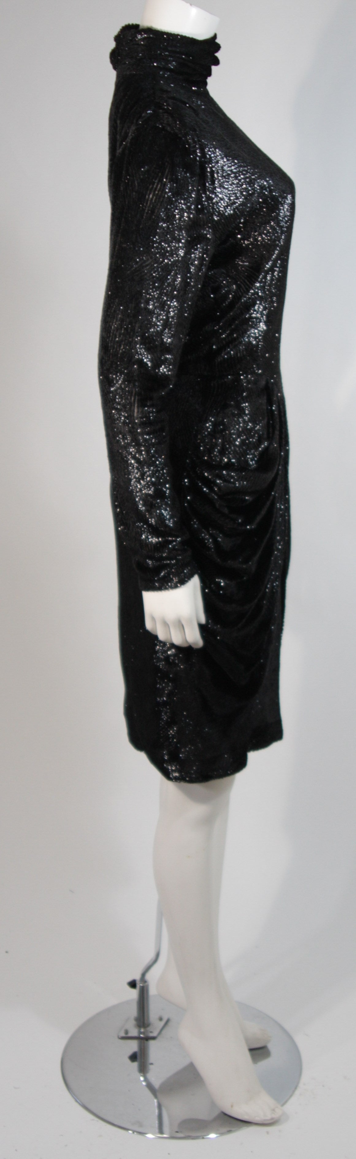 Vicky Tiel Black Metallic Panne Velvet Cocktail Dress with Drape Skirt Small 2