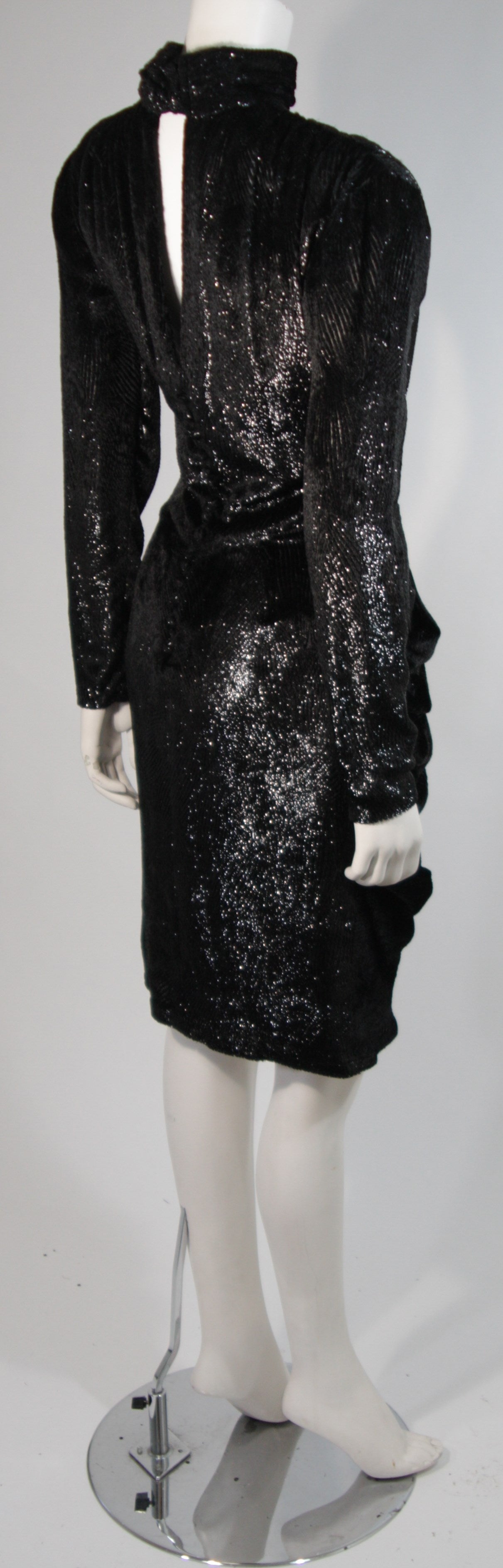 Vicky Tiel Black Metallic Panne Velvet Cocktail Dress with Drape Skirt Small 4