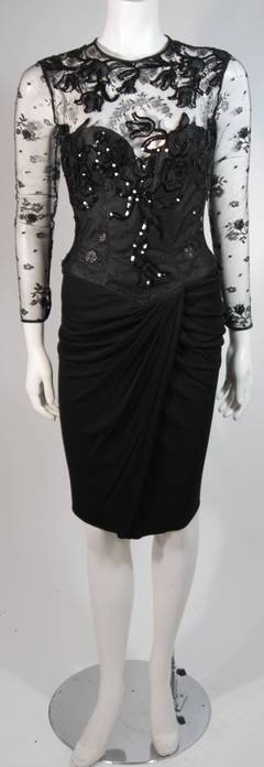 Vicky Tiel Black Lace Cocktail Dress with Draped Jersey Skirt Size Small