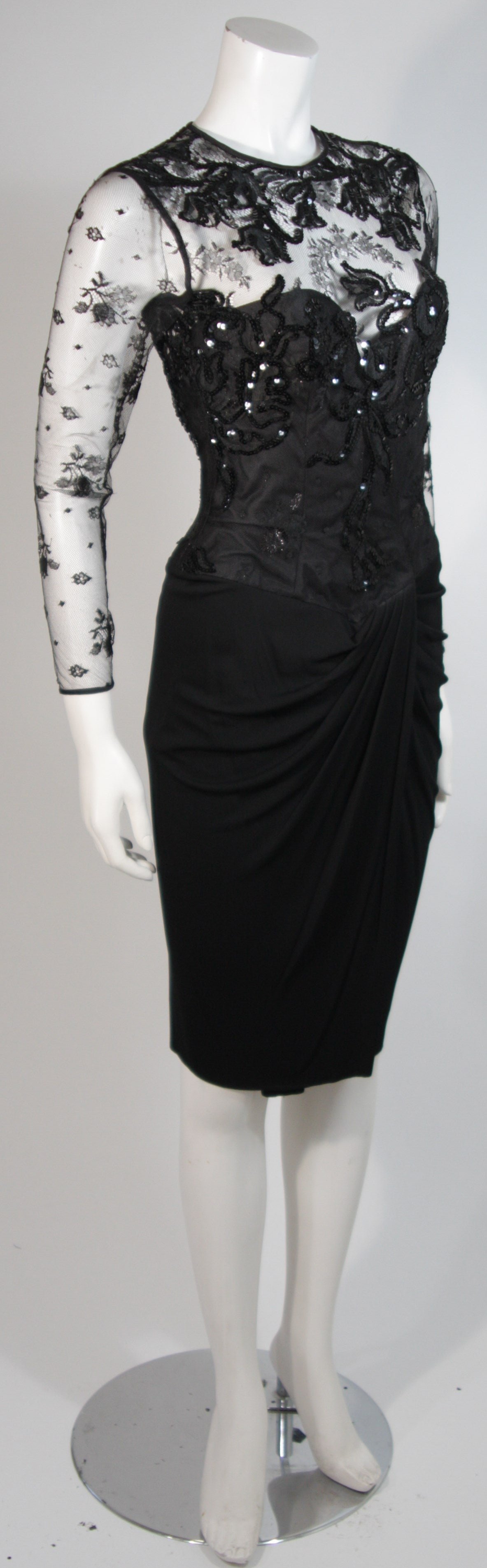 Vicky Tiel Black Lace Cocktail Dress with Draped Jersey Skirt Size Small In Excellent Condition For Sale In Los Angeles, CA