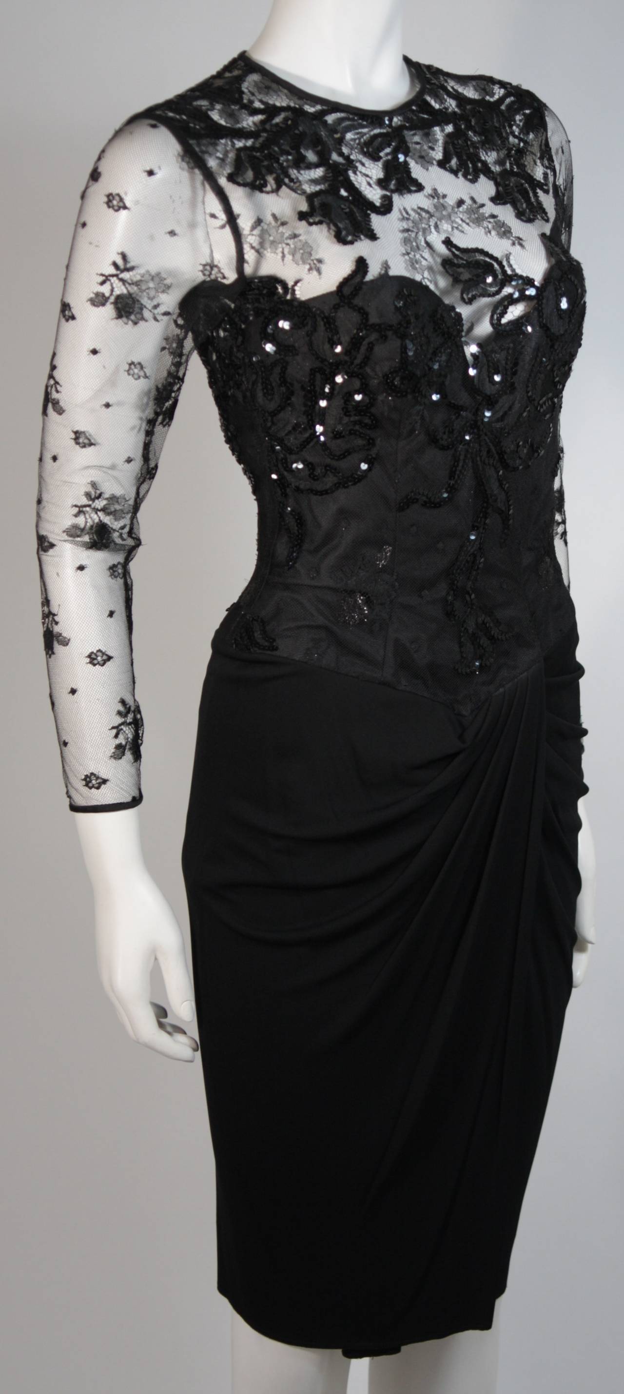 Vicky Tiel Black Lace Cocktail Dress with Draped Jersey Skirt Size Small For Sale 1