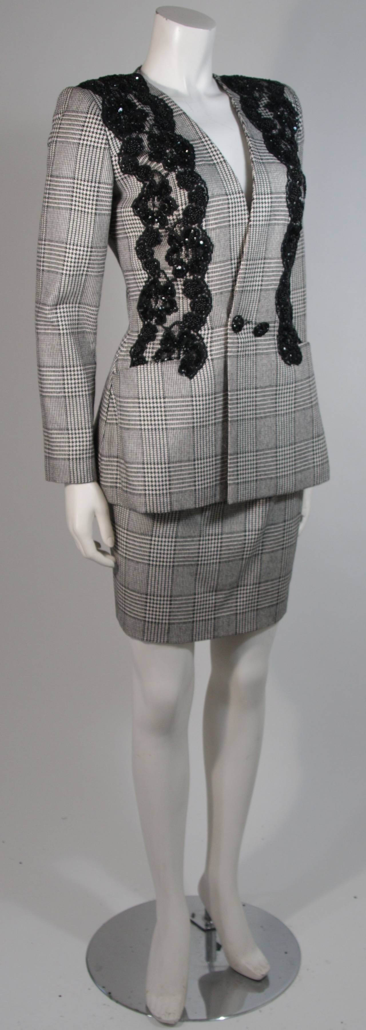 Vicky Tiel Black and White Houndstooth Print Skirt Suit With Lace Size 40 1