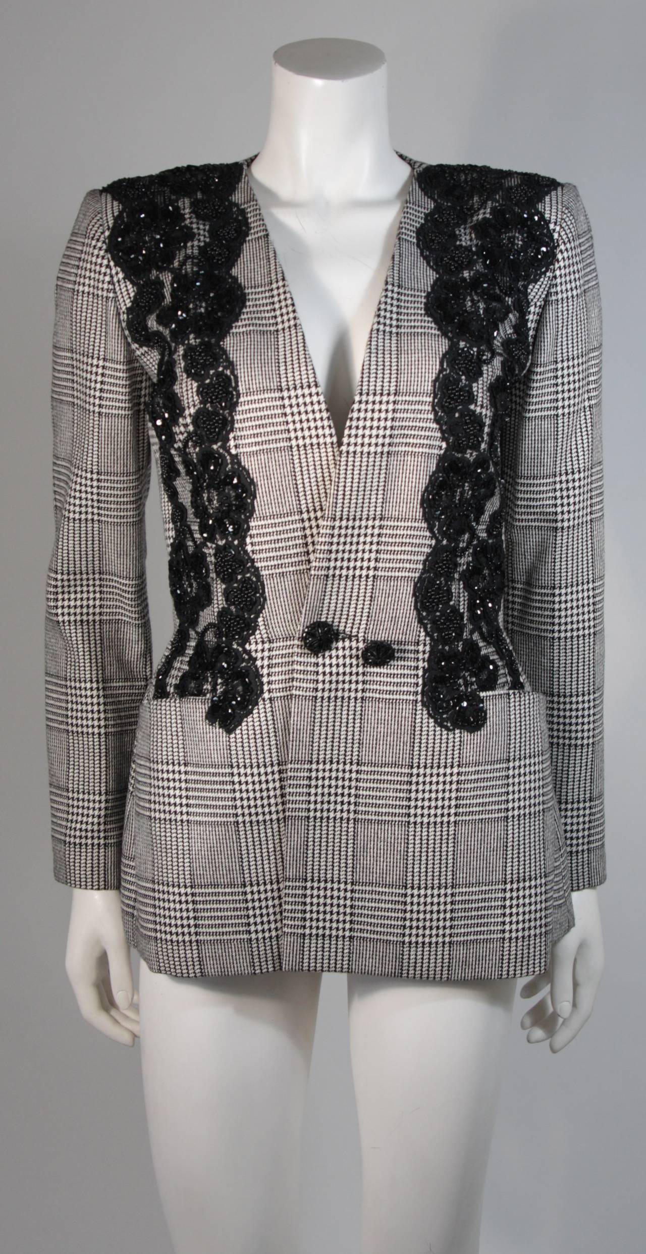 Vicky Tiel Black and White Houndstooth Print Skirt Suit With Lace Size 40 4