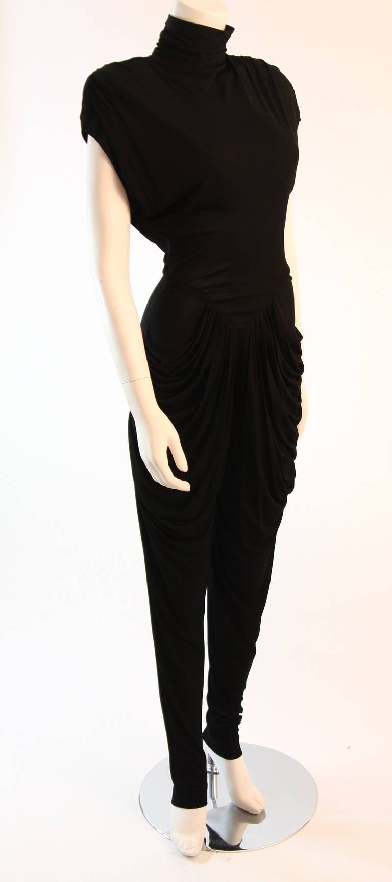 Sharp Vicky Tiel Black Draped Jersey Jumpsuit In Excellent Condition In Los Angeles, CA