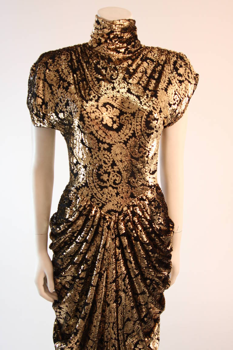 Brown Gorgeous Vicky Tiel Gold and Black Burnout Panne Velvet Gown
