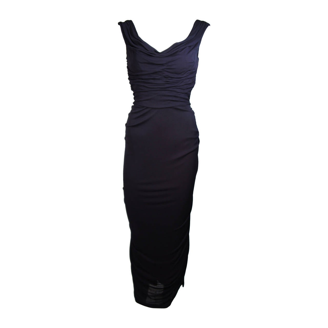 Ceil Chapman Marineblaues drapiertes Jersey-Kleid, Größe Small im Angebot