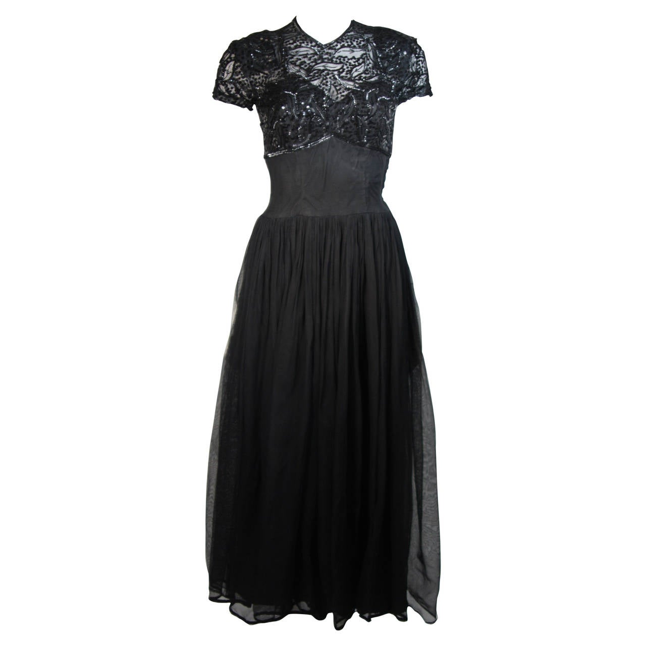 Ceil Chapman Attributed Black Gown with Beaded Bodice Size Small For Sale