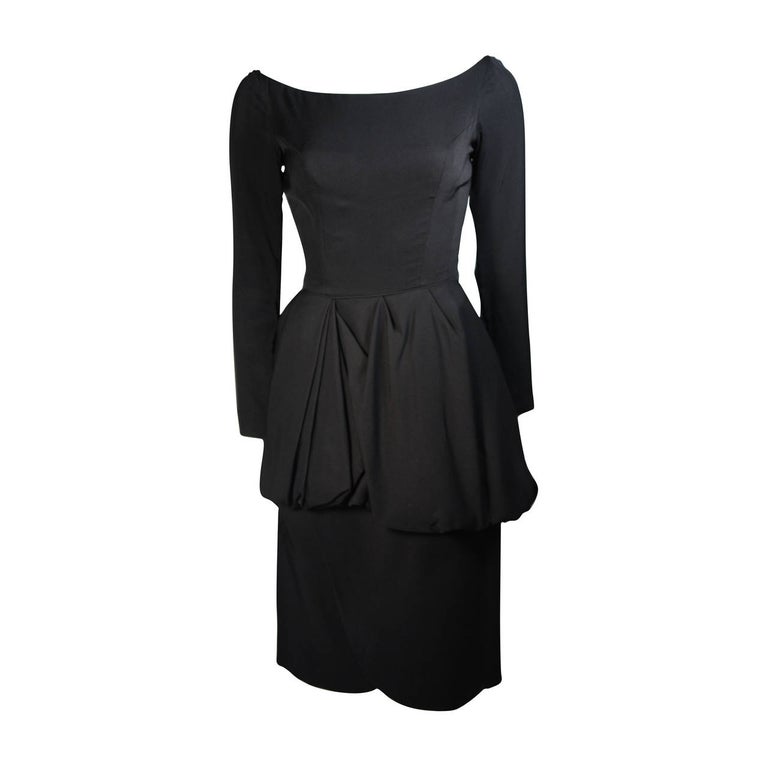 Ceil Chapman 1950's Black Cocktail Dress with Draped Peplum Detail Size Small For Sale