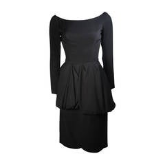 Ceil Chapman 1950's Black Cocktail Dress with Draped Peplum Detail Size Small 7