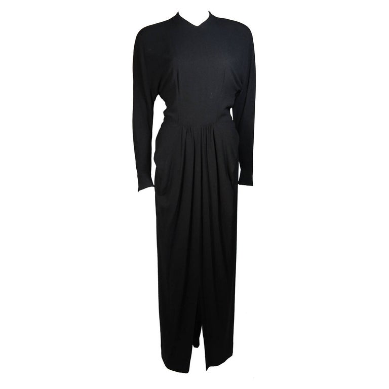 Ceil Chapman Draped Black Silk Crepe Gown Size Small For Sale