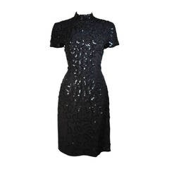 Ceil Chapman Black Silk Cocktail Dress with Sequin Applique Size 6 8