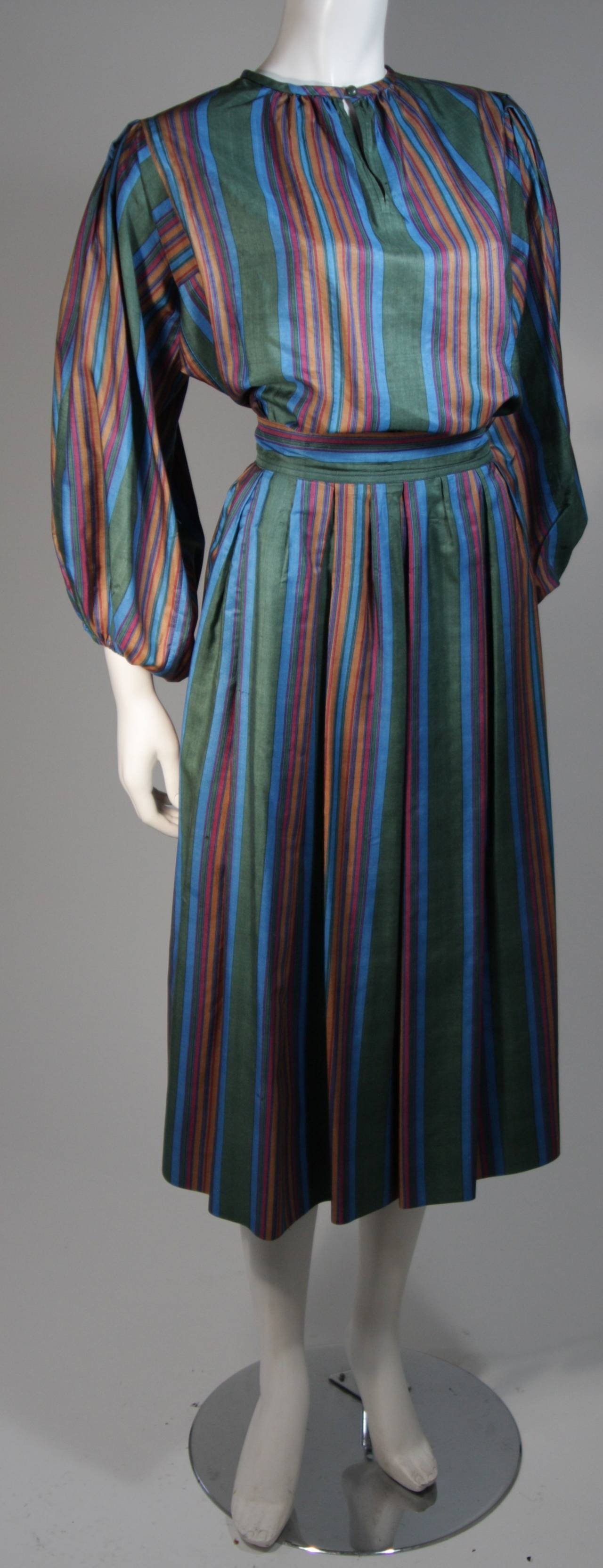Yves Saint Laurent Silk Skirt and Blouse Ensemble with Vertical Stripes Size 40 In Excellent Condition In Los Angeles, CA
