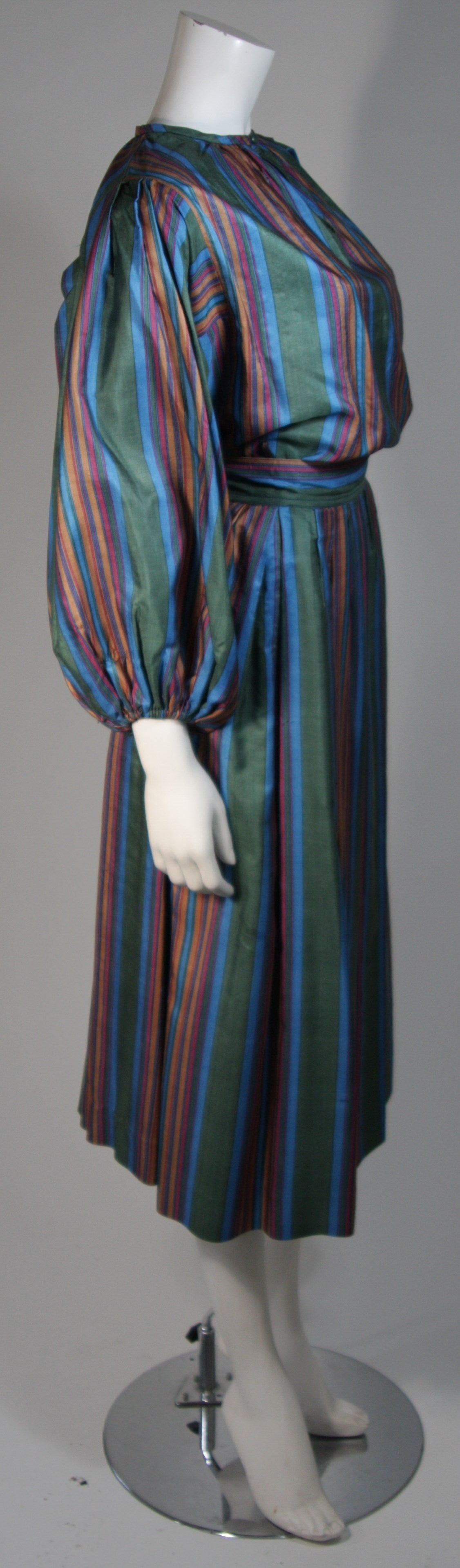 Women's Yves Saint Laurent Silk Skirt and Blouse Ensemble with Vertical Stripes Size 40