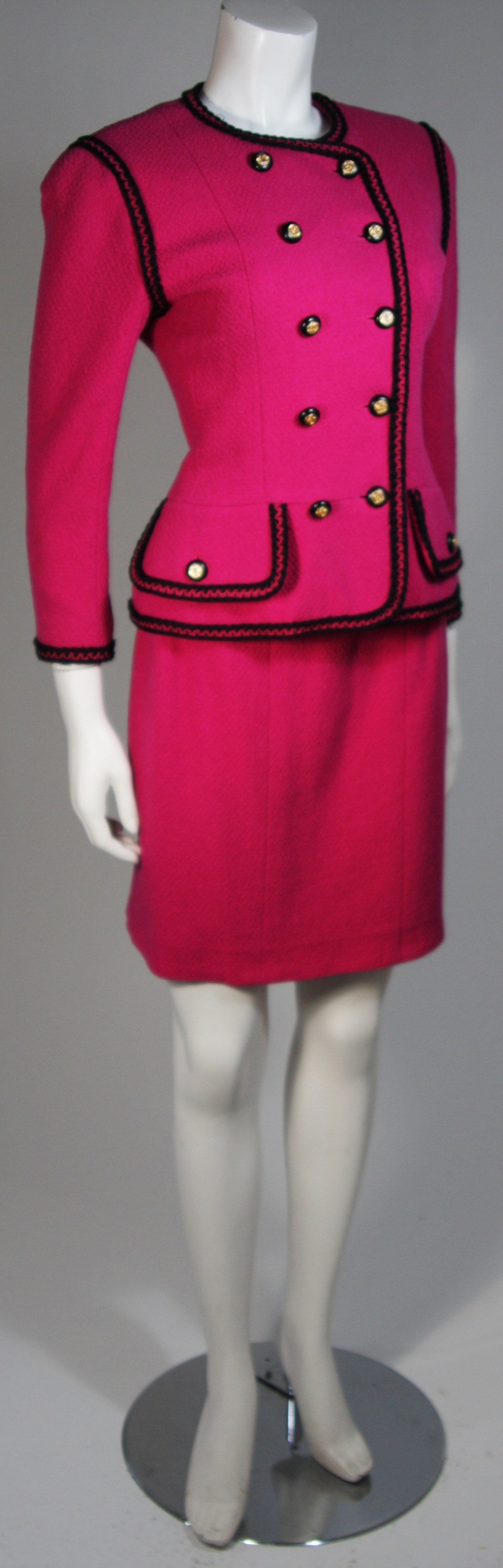CHANEL 1980's Wool Fuschia Skirt Suit with Black Trim Size 38 In Excellent Condition In Los Angeles, CA