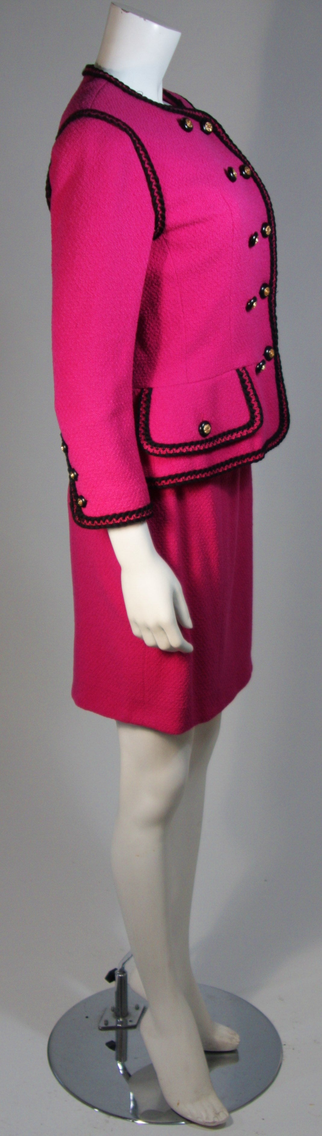 Women's CHANEL 1980's Wool Fuschia Skirt Suit with Black Trim Size 38