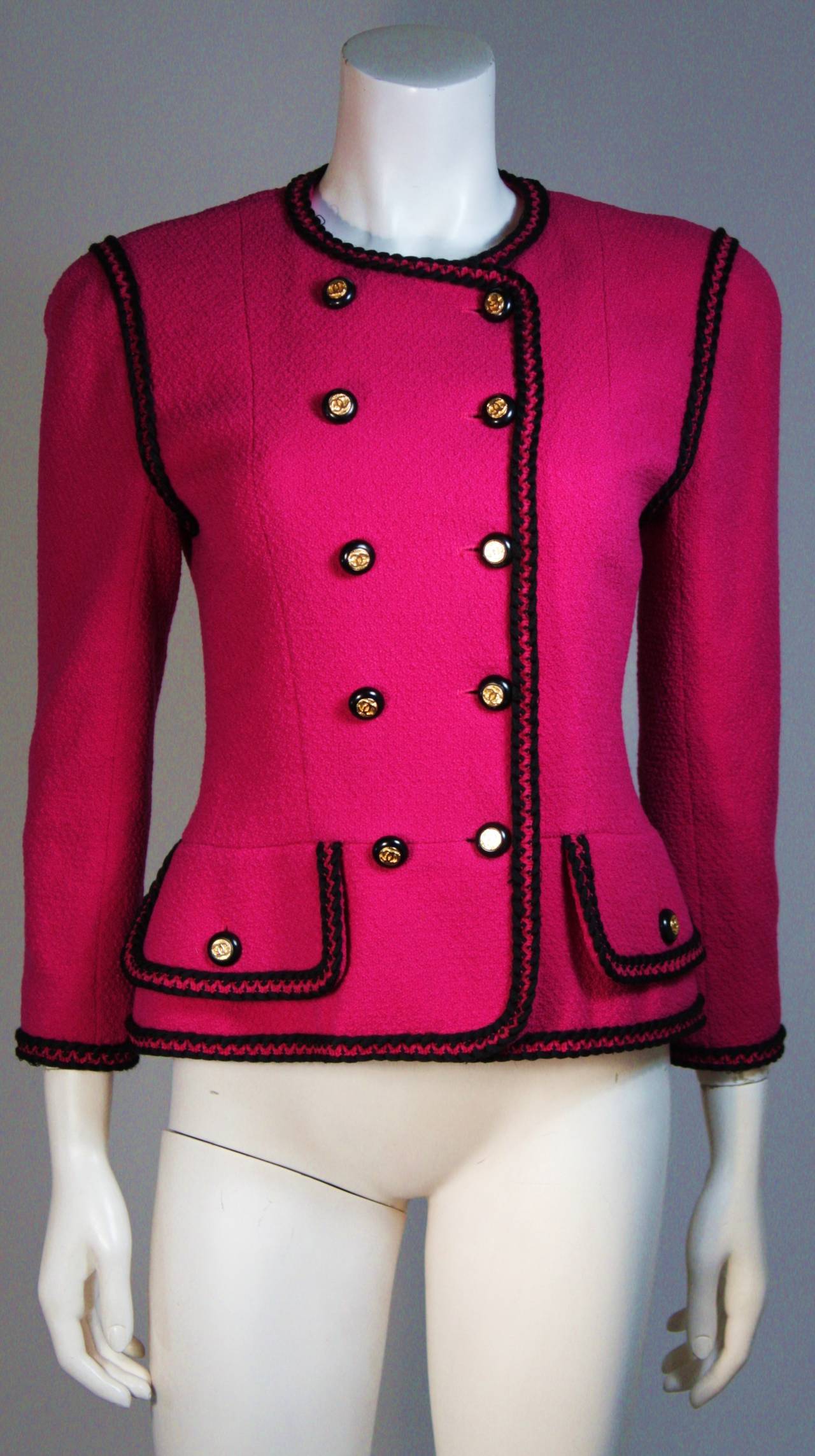 CHANEL 1980's Wool Fuschia Skirt Suit with Black Trim Size 38 2