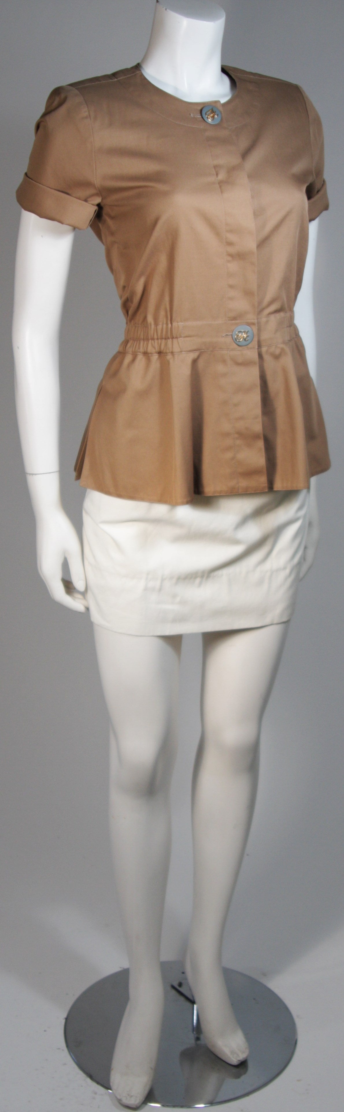 Brown HERMES Khaki & White Safari Style Skirt Suit Size 2-4