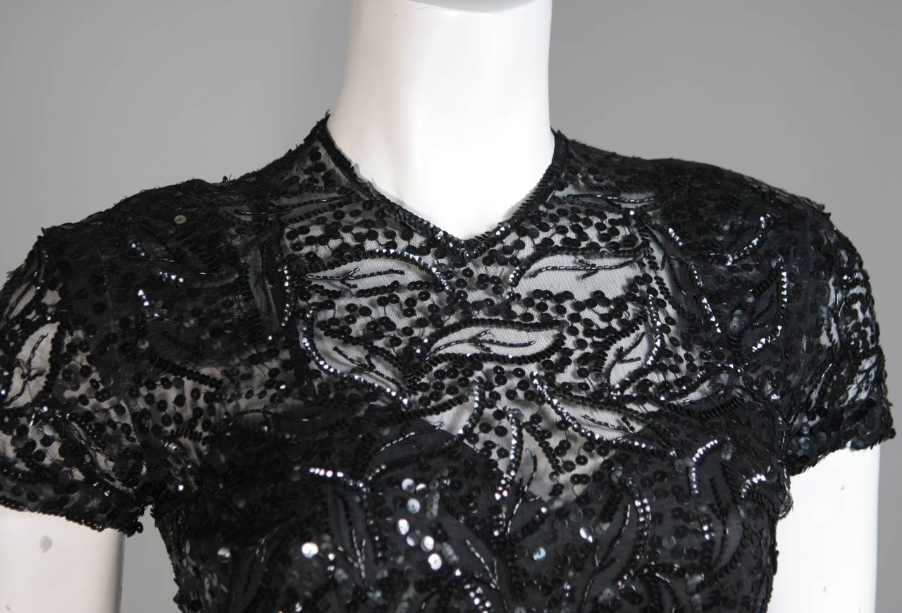 Women's Ceil Chapman Attributed Black Gown with Beaded Bodice Size Small For Sale