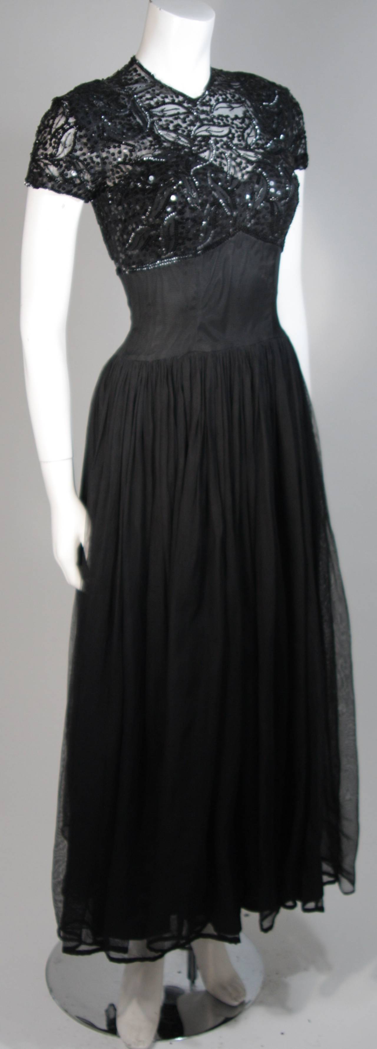 Ceil Chapman Attributed Black Gown with Beaded Bodice Size Small For Sale 1