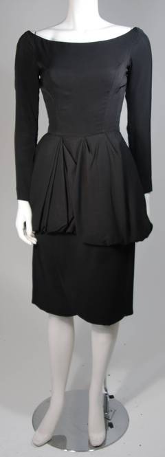 Ceil Chapman 1950's Black Cocktail Dress with Draped Peplum Detail Size Small