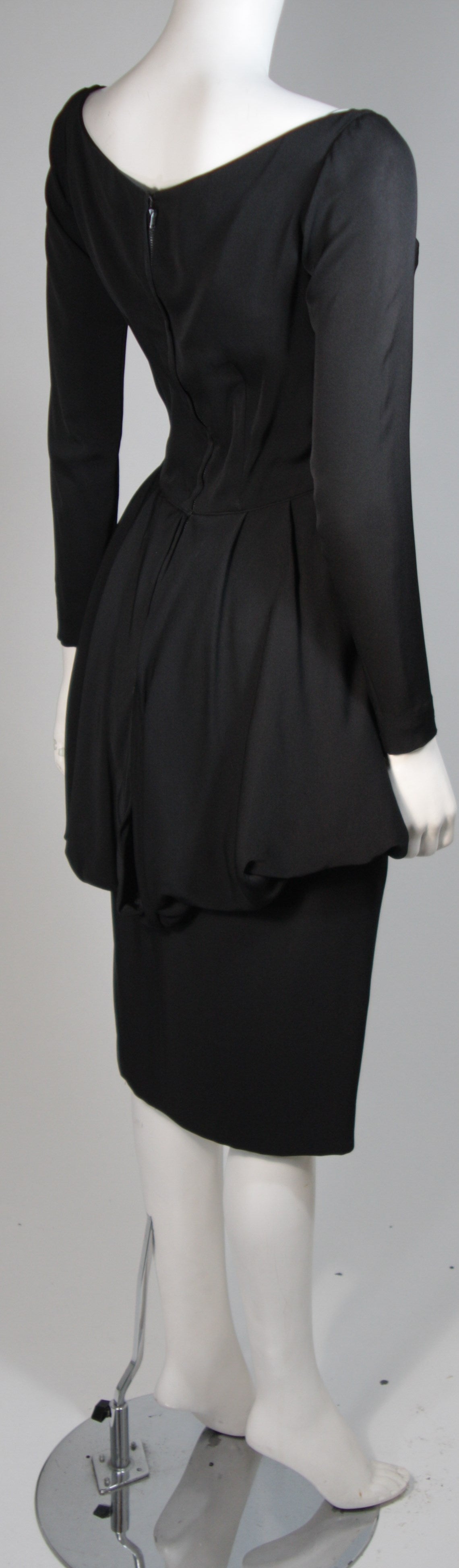 Ceil Chapman 1950's Black Cocktail Dress with Draped Peplum Detail Size Small For Sale 2