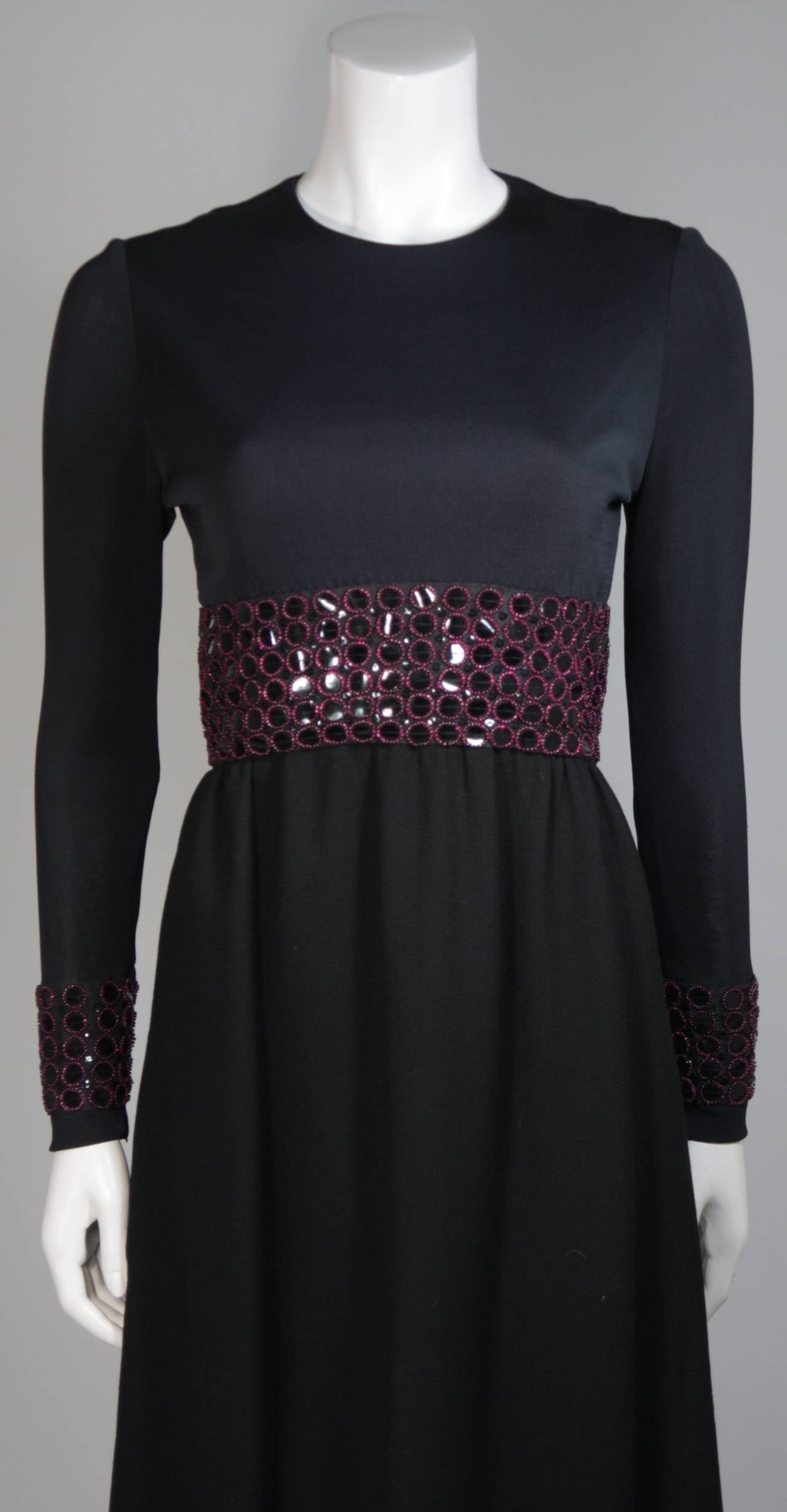 Chester Weinberg Black Long Sleeve Gown With Beaded Waist Size S M In Excellent Condition For Sale In Los Angeles, CA