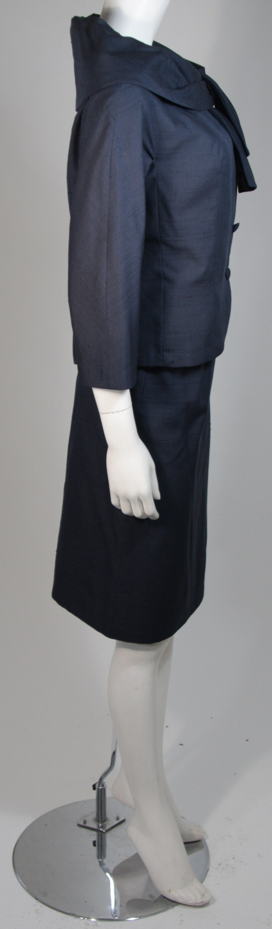 Don Loper Navy Silk Portrait Collar Jacket & Skirt Ensemble Circa 1950's In Excellent Condition In Los Angeles, CA