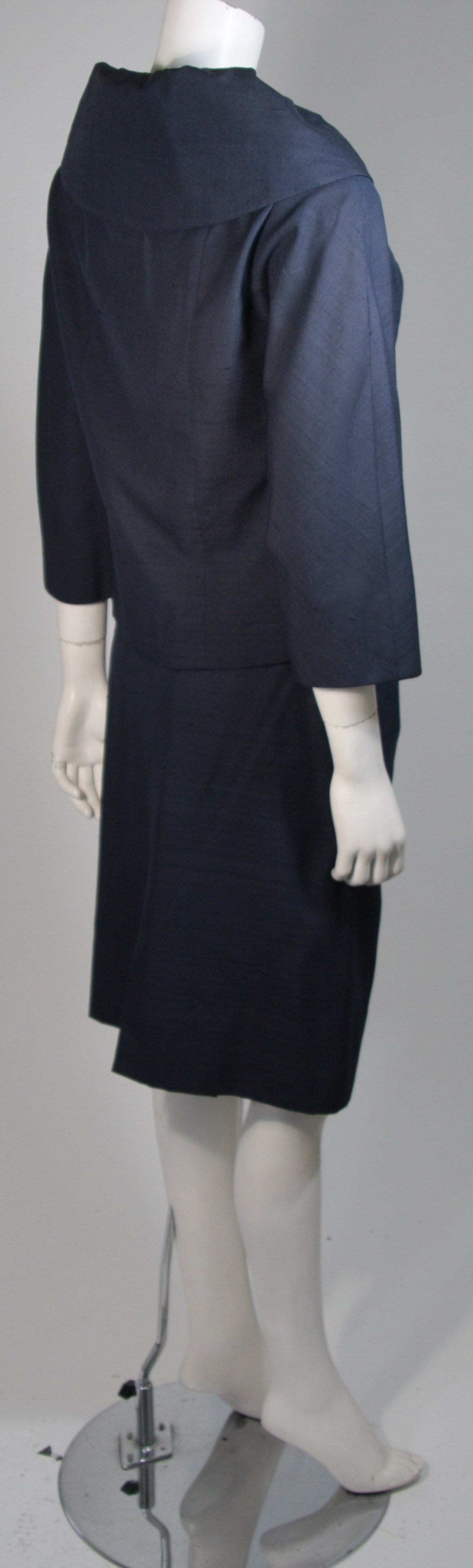 Women's Don Loper Navy Silk Portrait Collar Jacket & Skirt Ensemble Circa 1950's