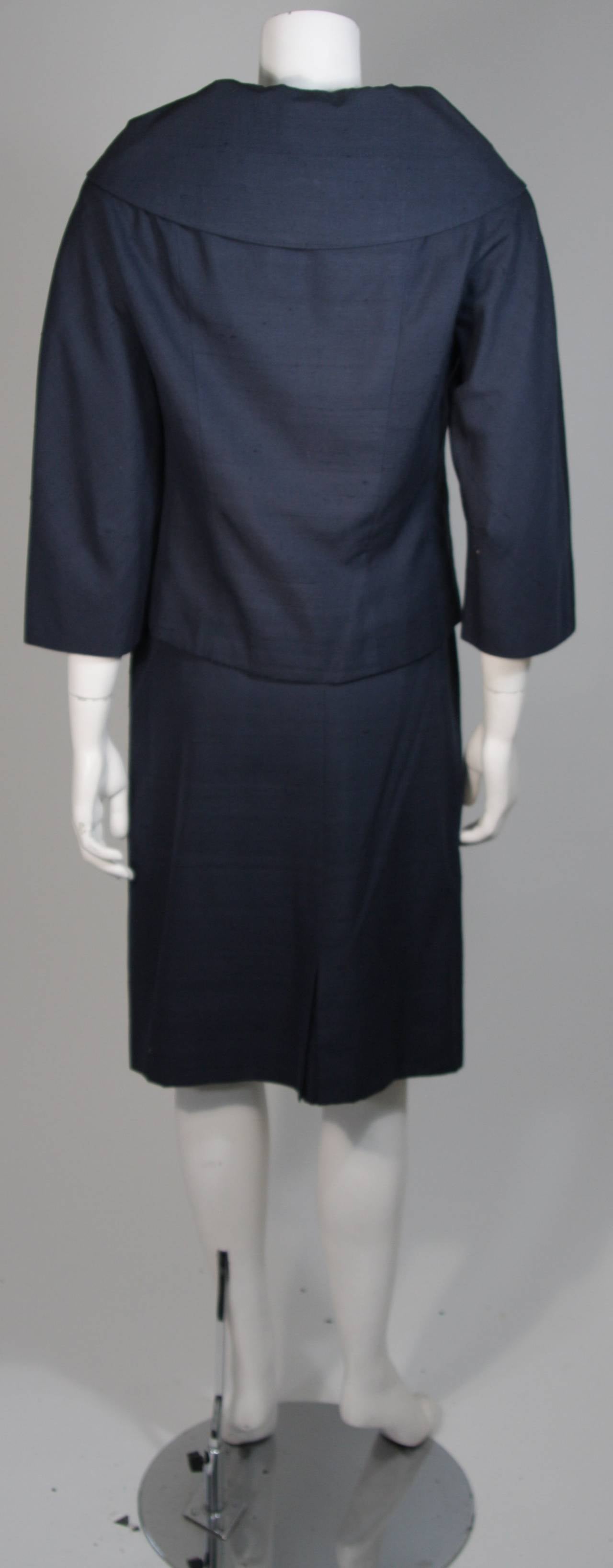 Don Loper Navy Silk Portrait Collar Jacket & Skirt Ensemble Circa 1950's 1