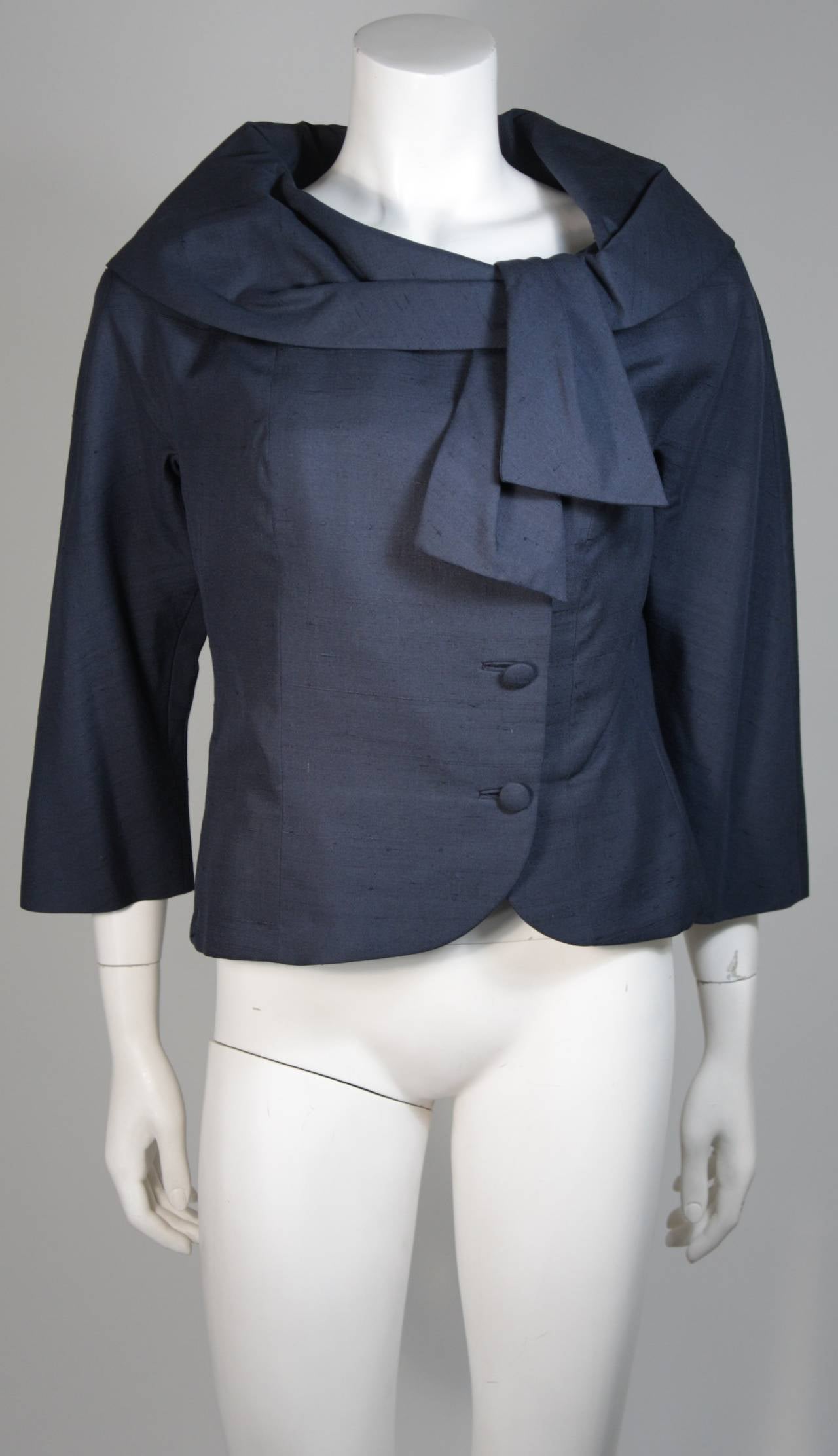 Don Loper Navy Silk Portrait Collar Jacket & Skirt Ensemble Circa 1950's 2