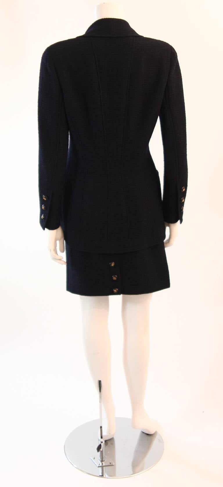 1993 C Chanel Navy Boucle Jacket and skirt suit with CC logo buttons 3