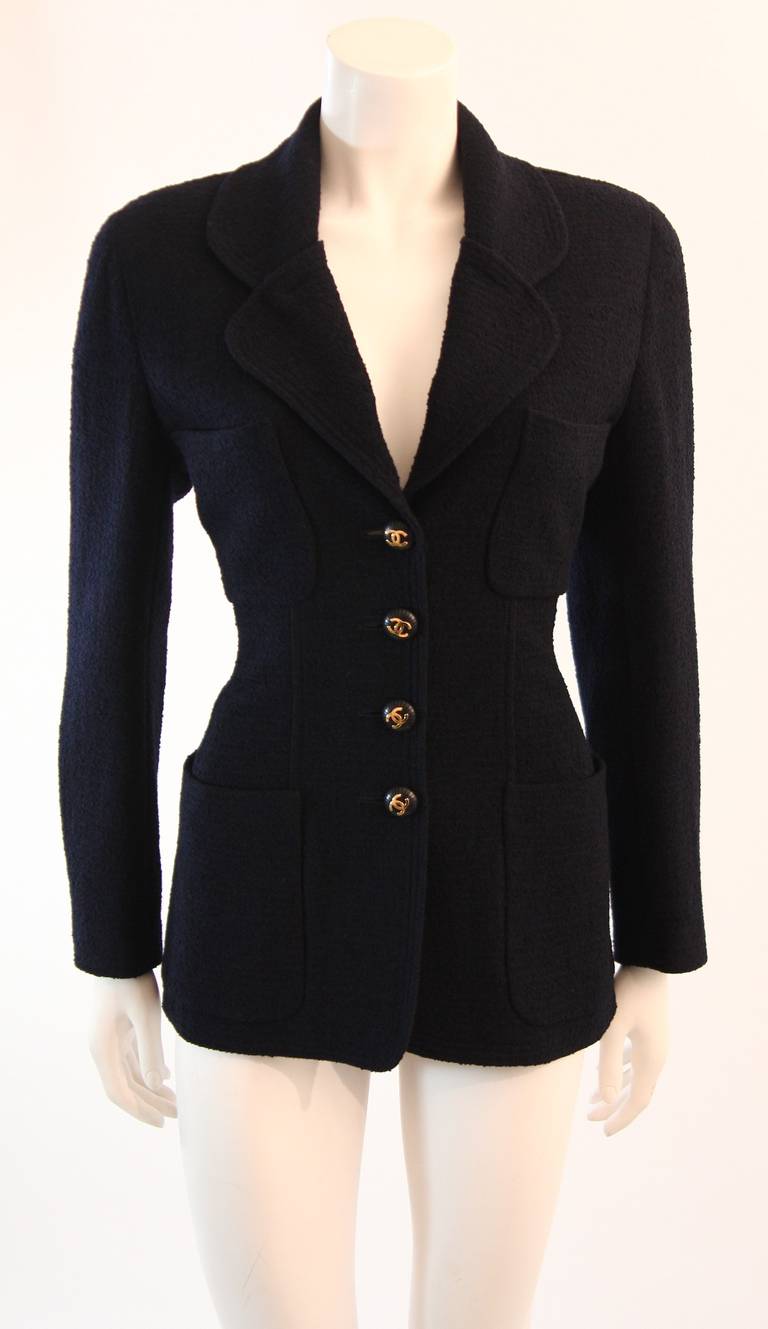 1993 C Chanel Navy Boucle Jacket and skirt suit with CC logo buttons 4