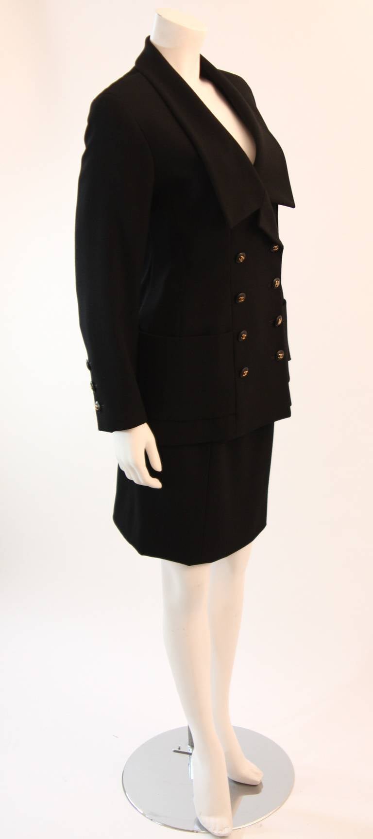 Women's Marvelous Chanel Black Shawl Neck Skirt Suit Size 42