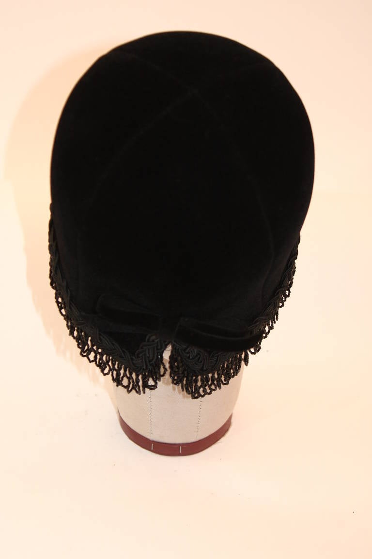 Christian Dior Black Velvet Black Beaded Fringe Cloche Hat 3