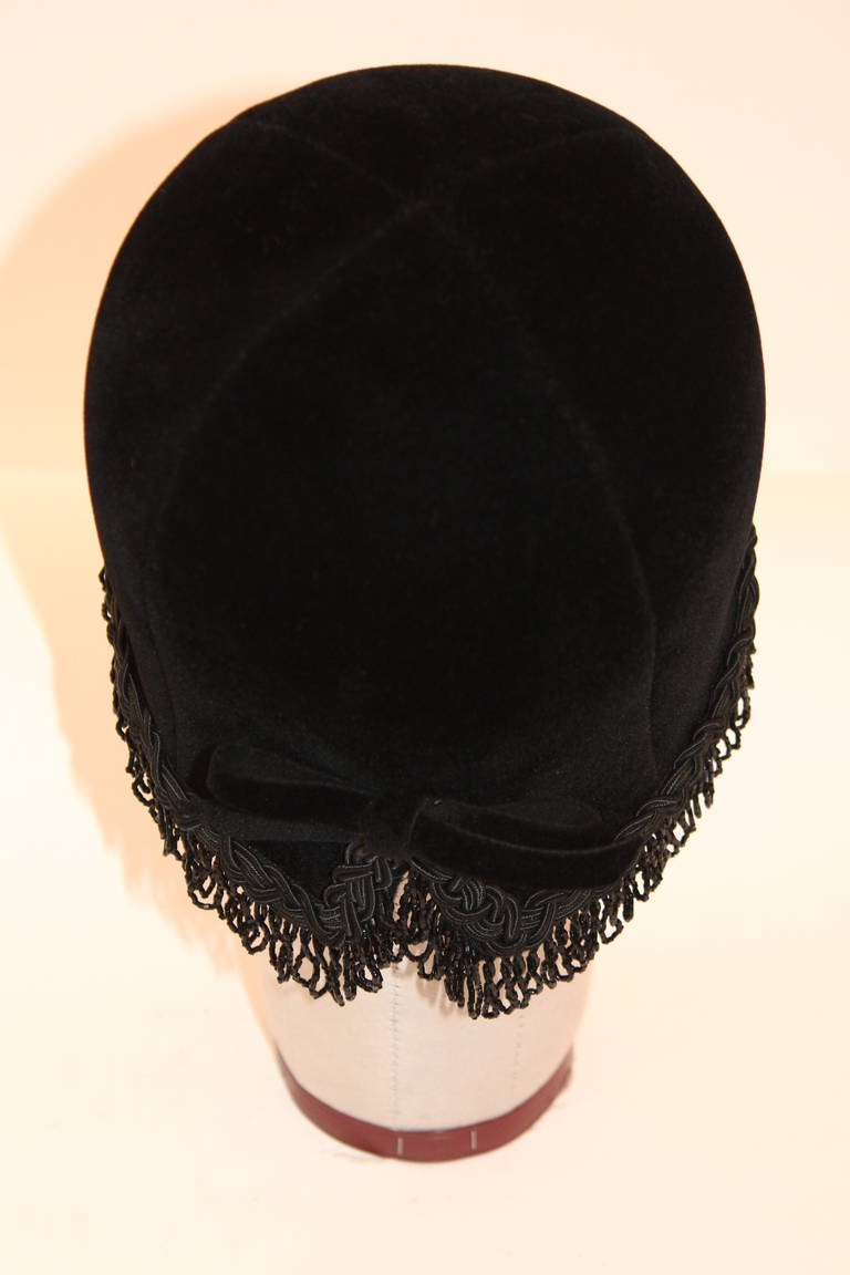 Christian Dior Black Velvet Black Beaded Fringe Cloche Hat 4