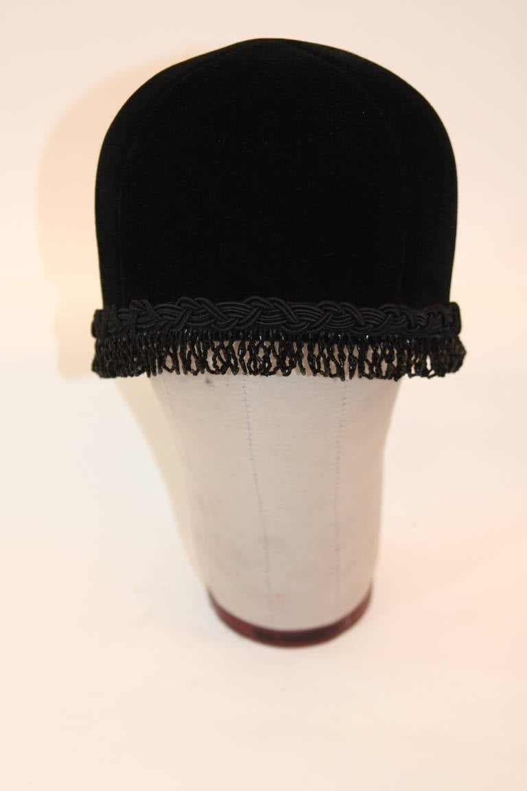 Women's Christian Dior Black Velvet Black Beaded Fringe Cloche Hat