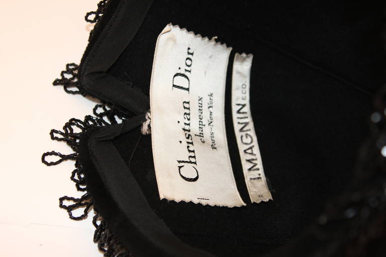 Christian Dior Black Velvet Black Beaded Fringe Cloche Hat 6