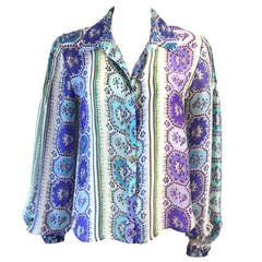 Roberto Cavalli Silk Blouse Abstract Shades of Turquoise & Purple Print 42
