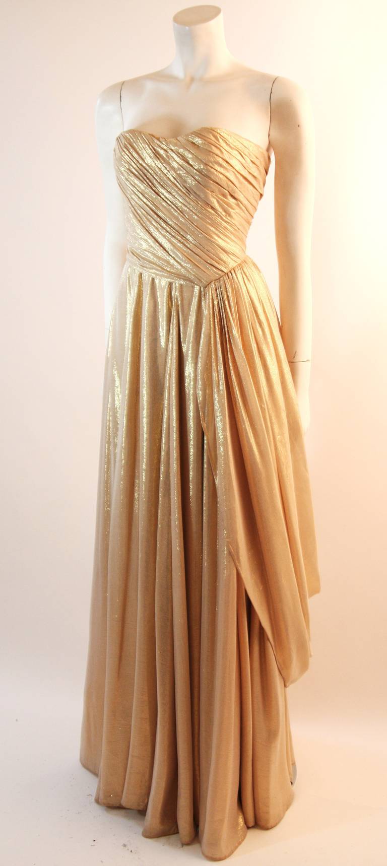 Elizabeth Mason Couture Custom Draped Strapless Gold Lame Gown For Sale ...