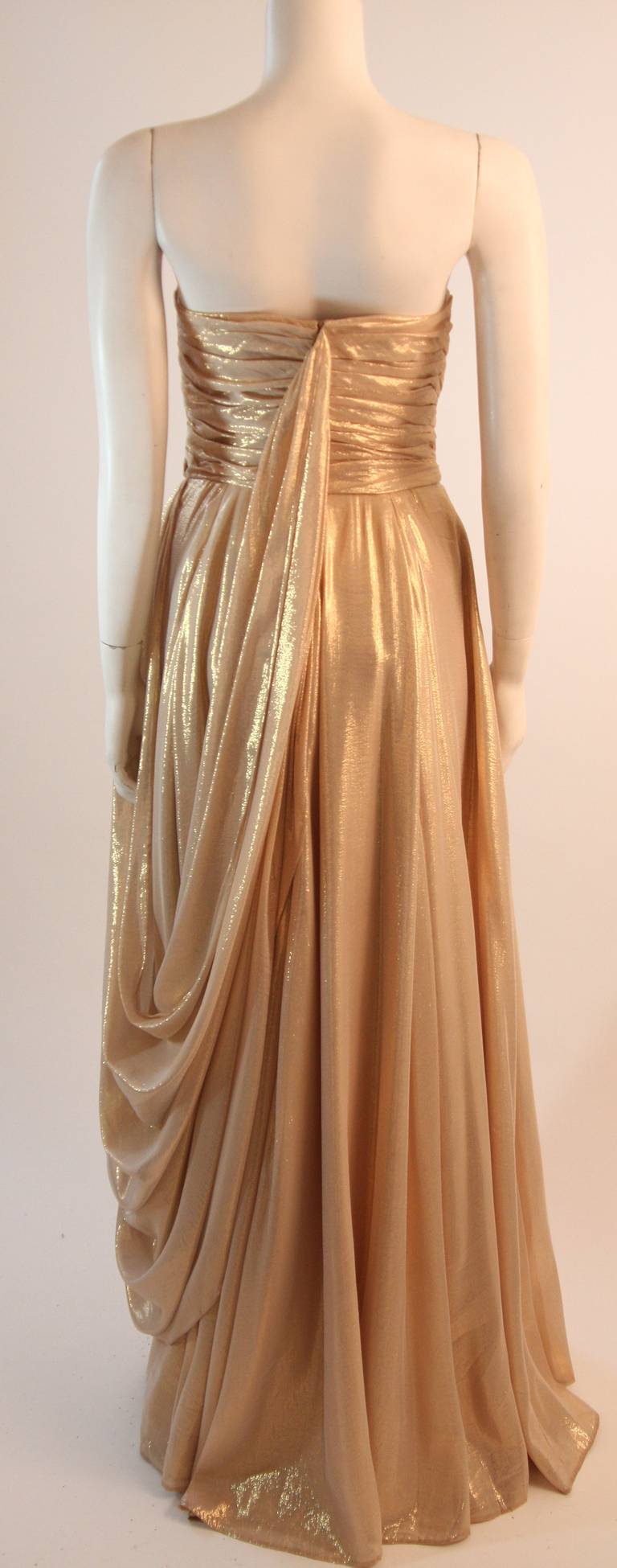 Elizabeth Mason Couture Custom Draped Strapless Gold Lame Gown For Sale ...