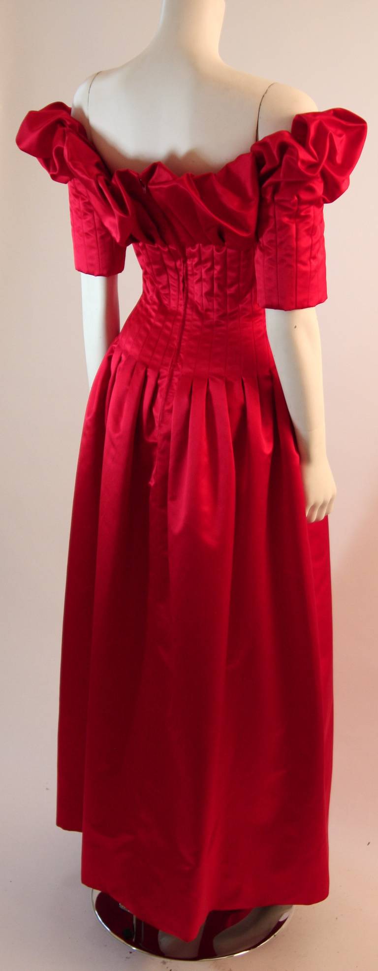 Stunning Nolan Miller Cardinal Red Tufted Silk Gown In Excellent Condition For Sale In Los Angeles, CA