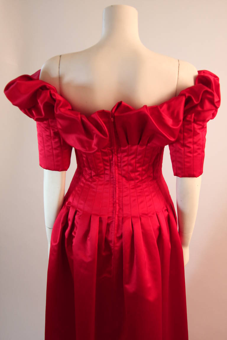 Stunning Nolan Miller Cardinal Red Tufted Silk Gown For Sale 1