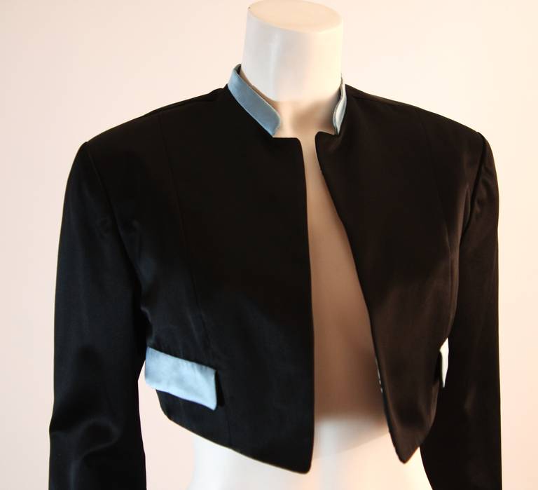 Chic Geoffrey Beene Black and Sky Blue Silk Bolero